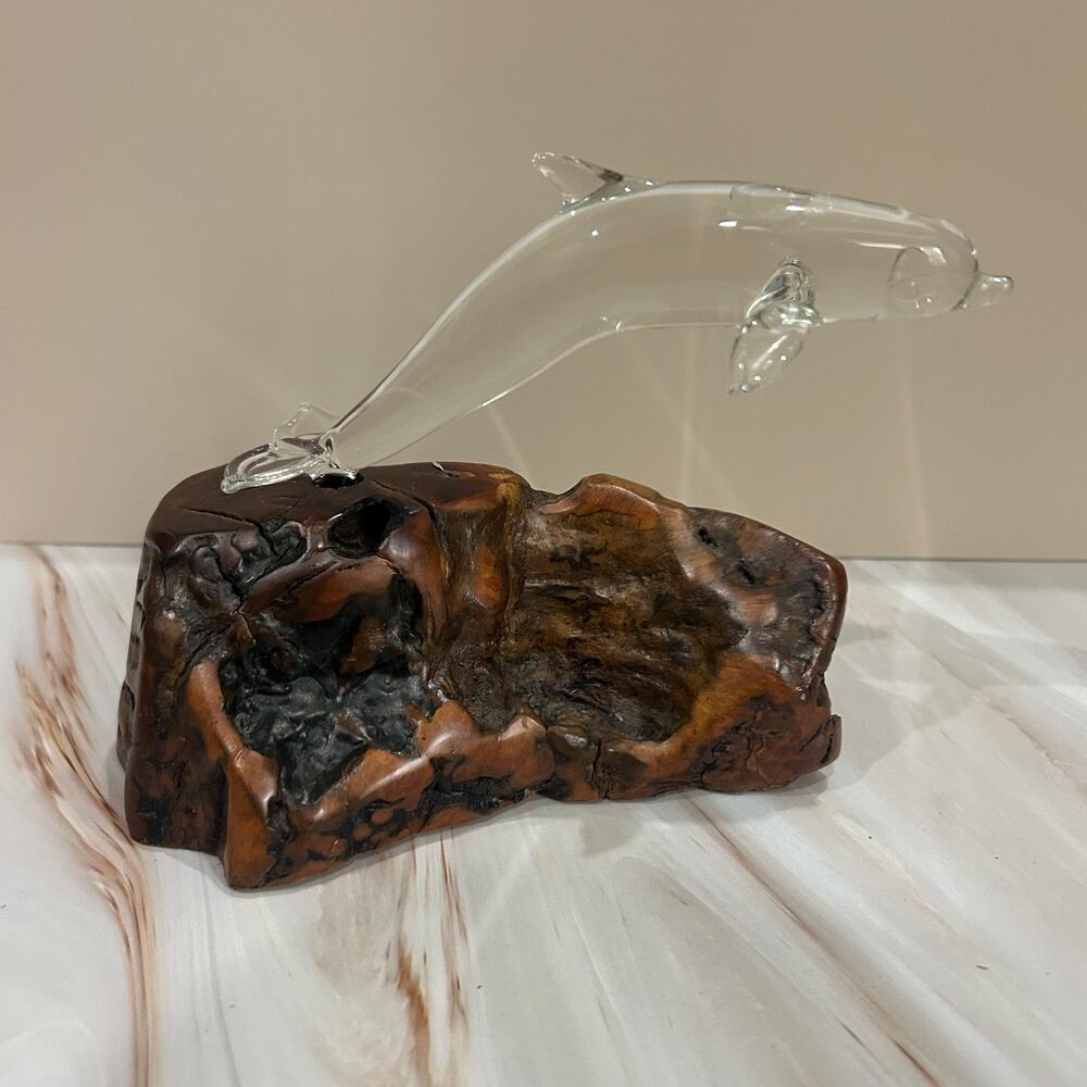 Handcrafted Glass Dolphin Sculpture on Natural Wood Base